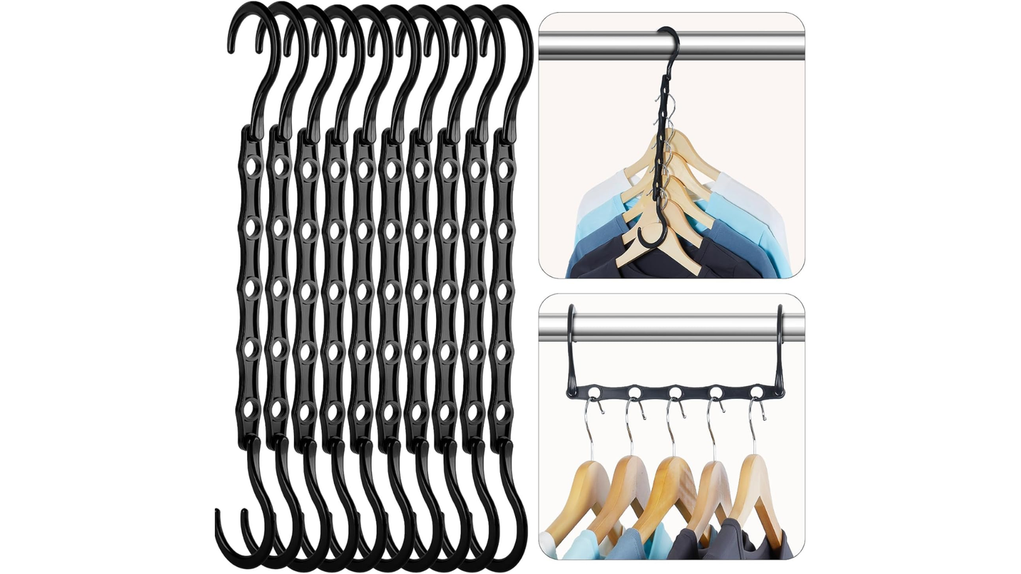 Space Saving Hangers 10 Pack, Premium Smart Hanger Hooks, Sturdy Cascading Hangers with 5 Holes for Heavy Clothes, Closet Organizers and Storage, College Dorm Room Essentials
