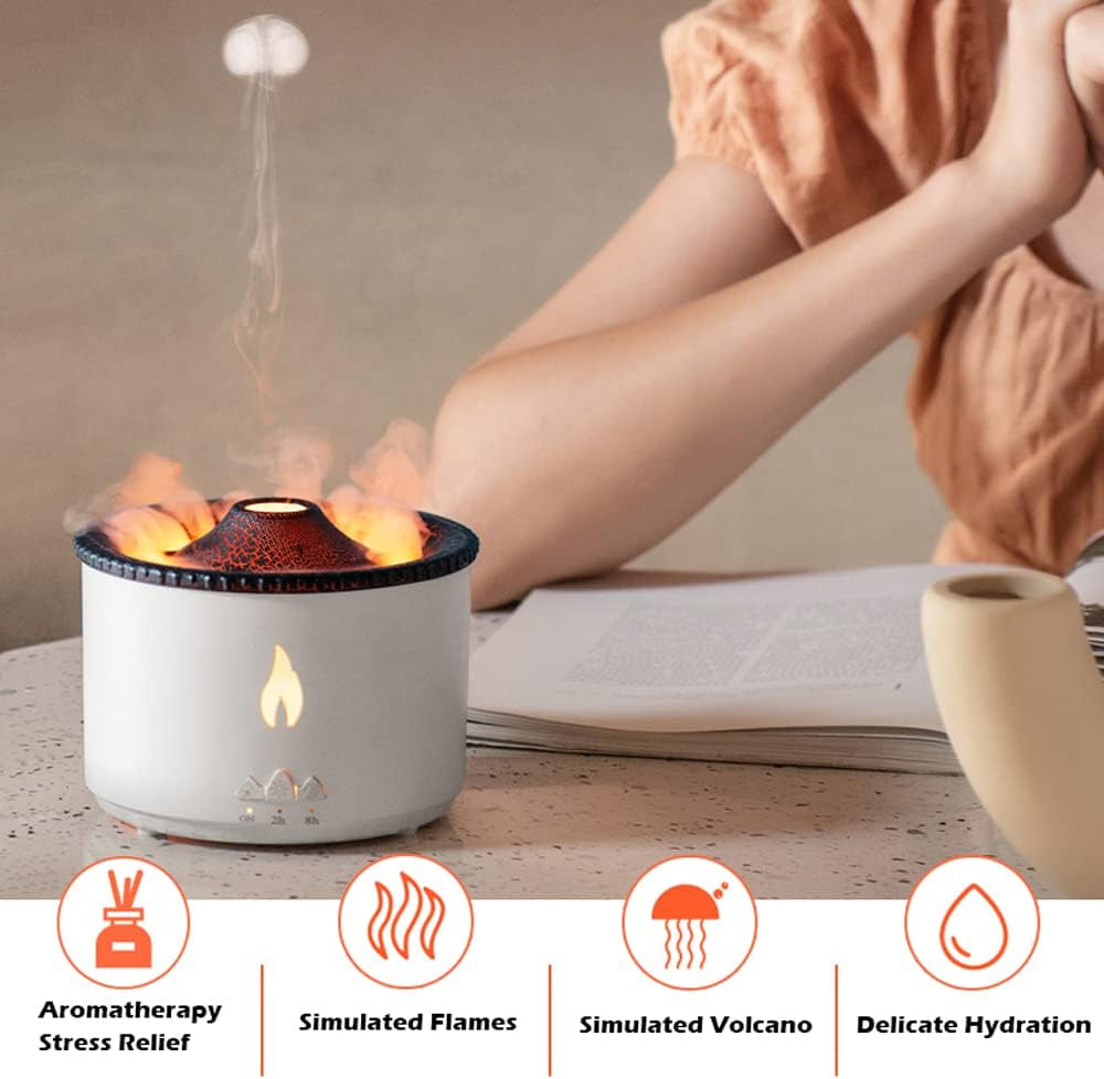 Ultrasonic Volcano Jellyfish Flame Humidifier Original Flame Diffuser Volcano Lamp Aroma Diffuser for Essential Oils Diffusers, Small Fireplace Humidifier Fire Oil Diffuse for Home Large Room Kids